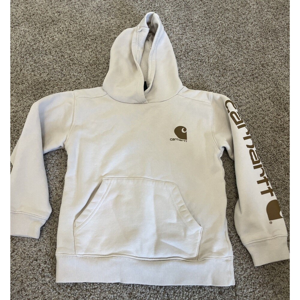 CARHARTT Boys Pullover Hoodie Sleeve Logo Beige Light Brown Size Small 8-10